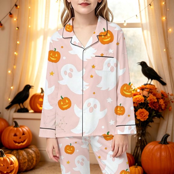 RUTAYY Girls Pajama Set Lapel Long Sleeve Top and Long Pants Halloween Ghost Pumpkin Web Star Graphic Comfortable Nightwear Pink