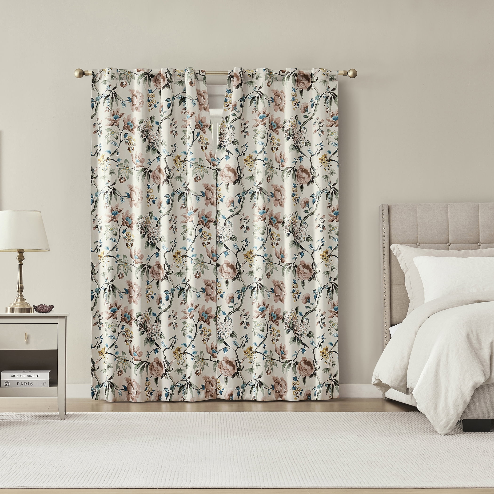 Sun Zero Therese 2-pack Vintage Floral Magnetic Closure 100% Blackout Back Tab/Rod Pocket Curtain Panel Pair, 40"W x 84"L, Stone
