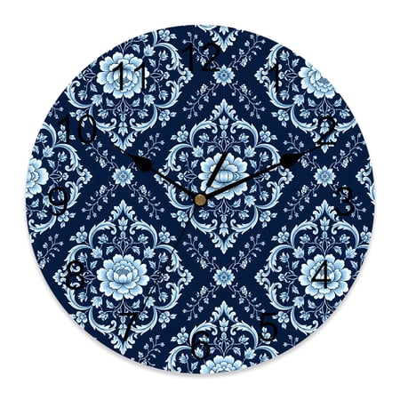 Wall Clock Blue Damask Flower Clocks PVC Silent Non-Ticking Battery Operated Decorative Luxury Baroque Floral Bloom Round Clock for Home Living Room Kitchen Bedroom Office School Wall Decor 10 Inch