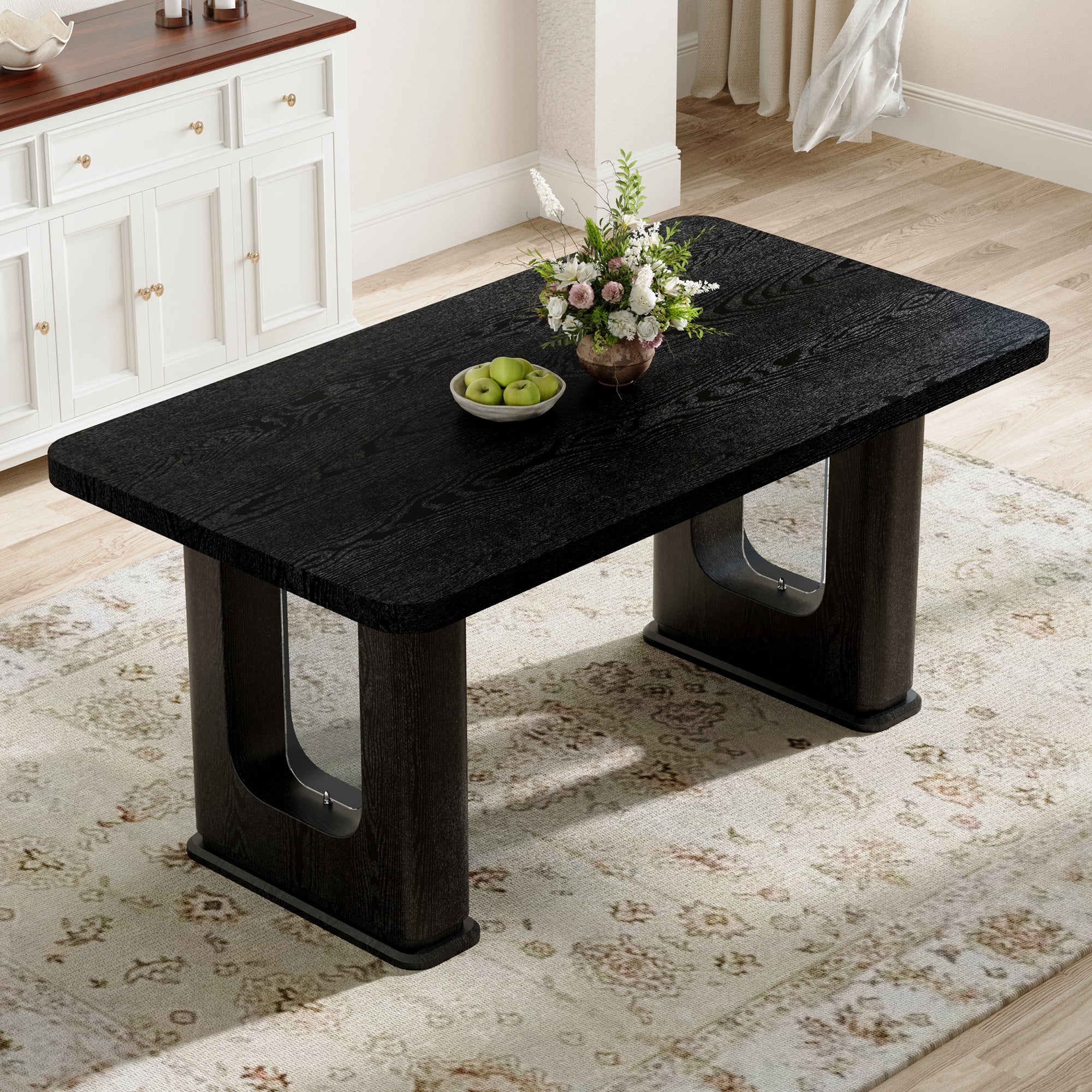 Mintazer 64 Inch Modern Black Wood Grain Rectangular Dining Table with Tempered Glass Inset Legs, Minimalist Kitchen Table for 6-8 People, Black