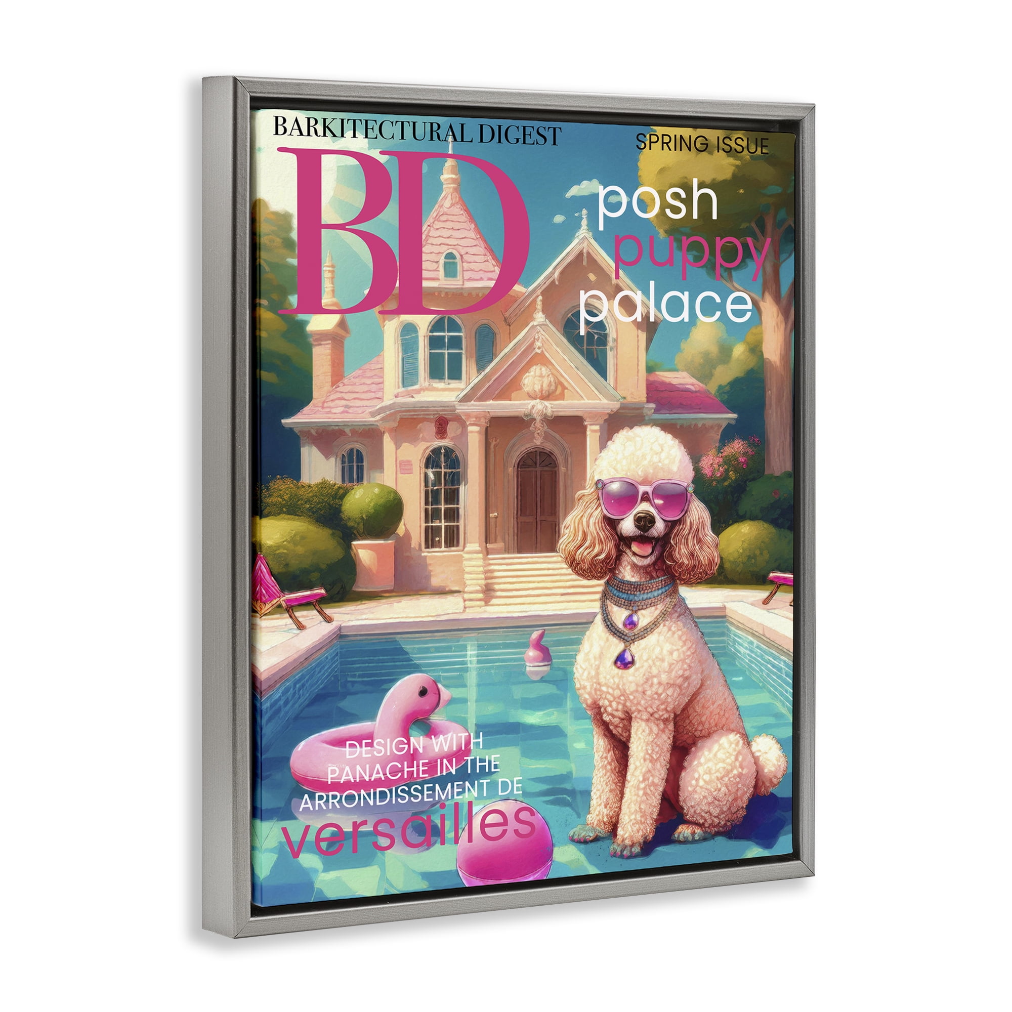 Stupell Industries Poodle Magazine Parody Gray Framed Floater Canvas Wall Art, design by Grotto Studios