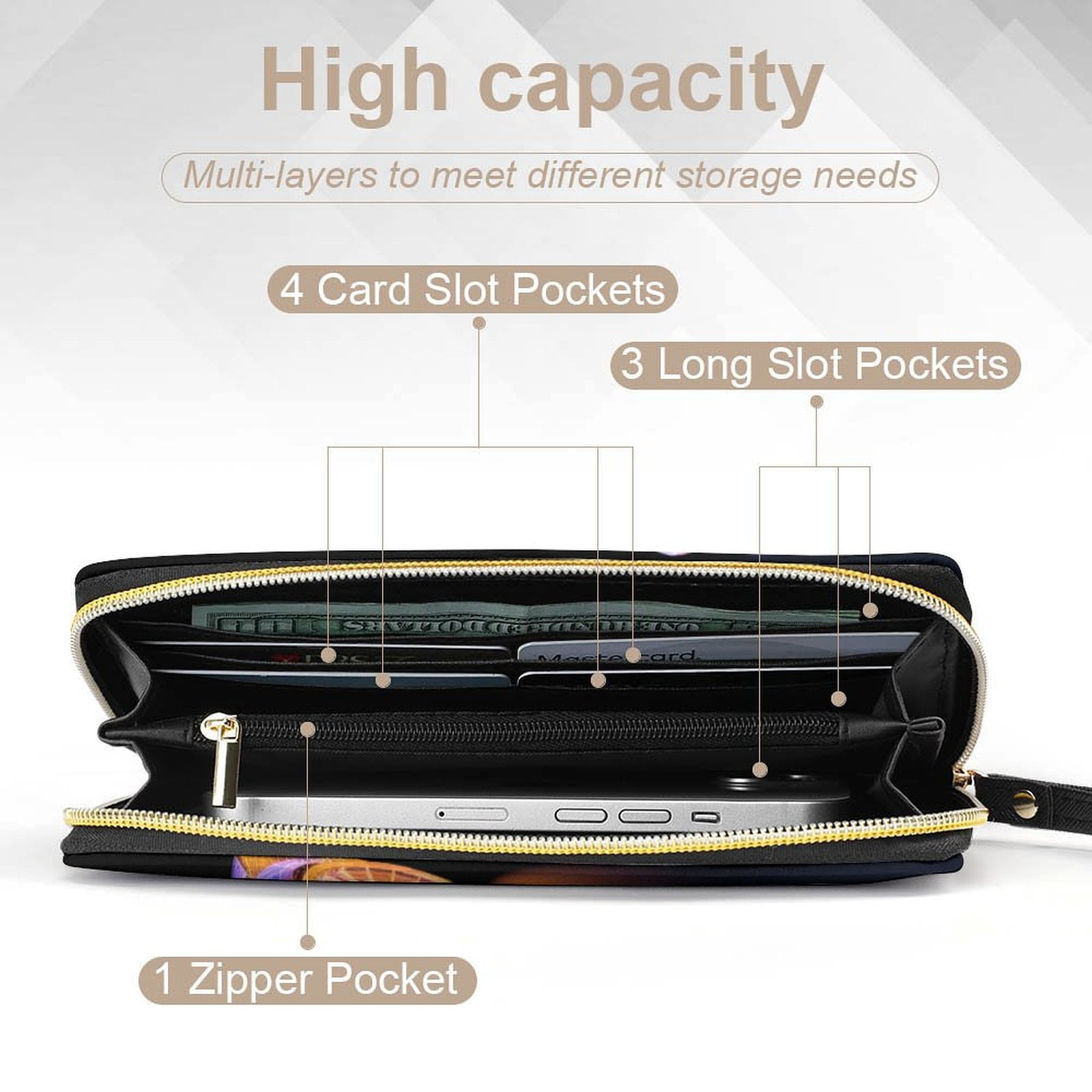 Womens Wallet Bifold Ladies Cluth Bag Wristlet Wrist Strap Long Purse Race Car Hologram Design
