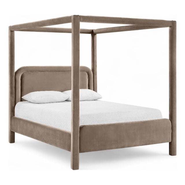 Bowery Hill Contemporary Taupe Velvet Upholstered Queen Canopy Bed