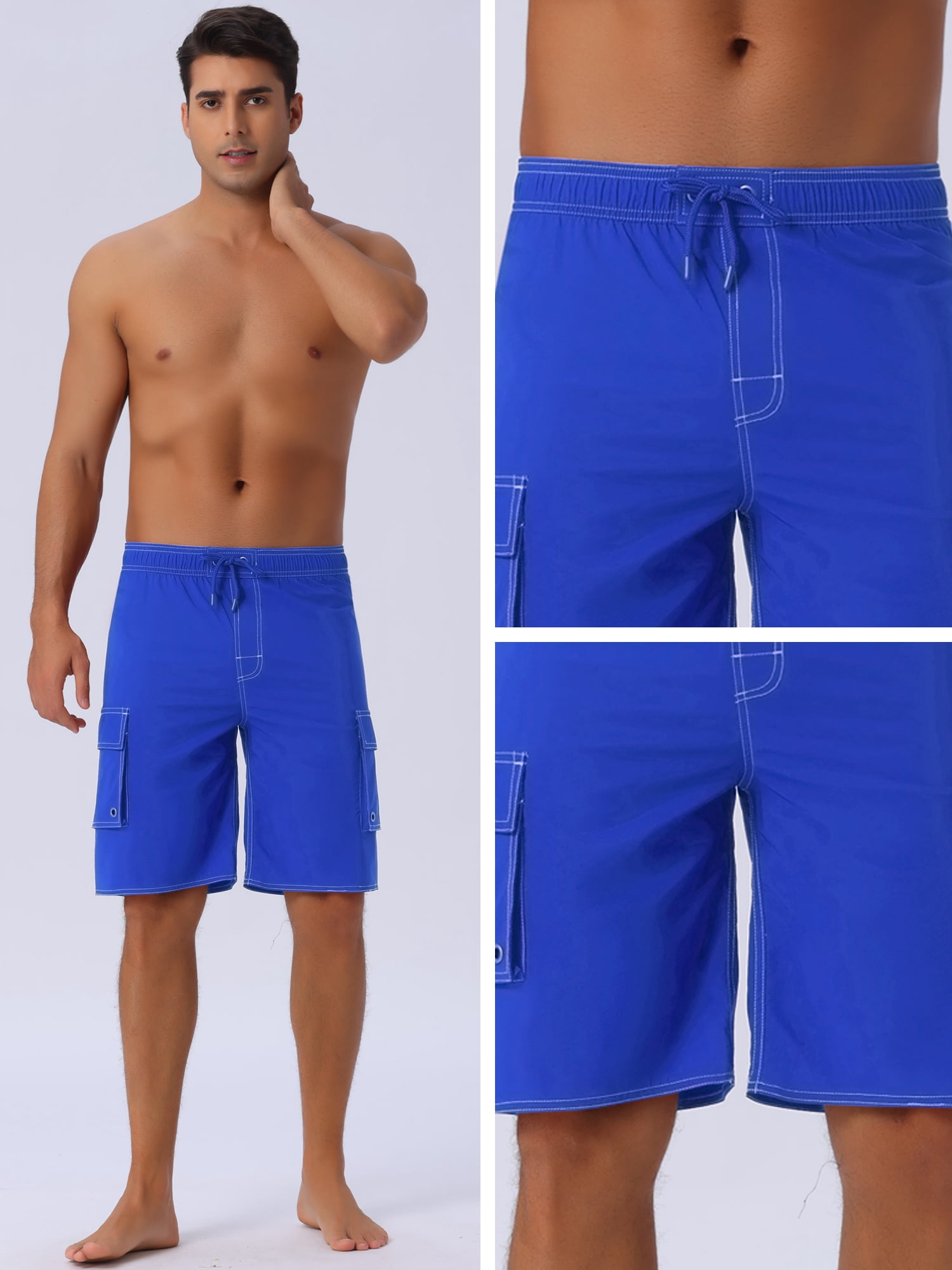 DARING DIVA Men's Solid Color Side Pockets Lining Summer Board Shorts 32 Blue