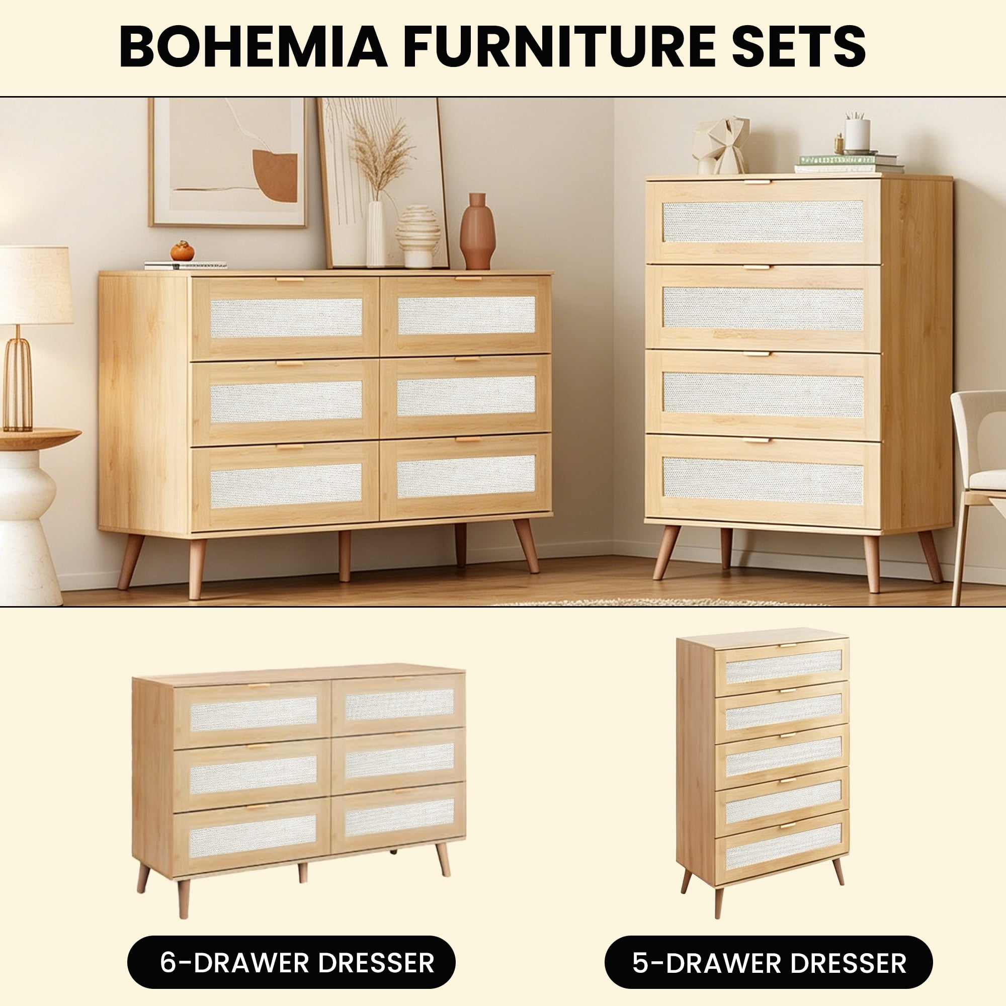 GALAXHERO Rattan 5 Drawer Dresser, Wooden Chest of Drawers, Boho Tall Dresser Closet Storage Organizer for Bedroom, Living Room, Hallway, Light Oak