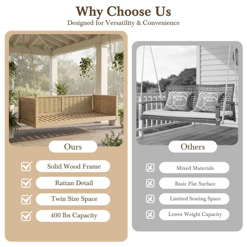 Porch Daybed Swing Outdoor Wooden Swing Bench, Patio Hanging Chair Swinging Bed with Long Ropes for Garden, Backyard, Deck