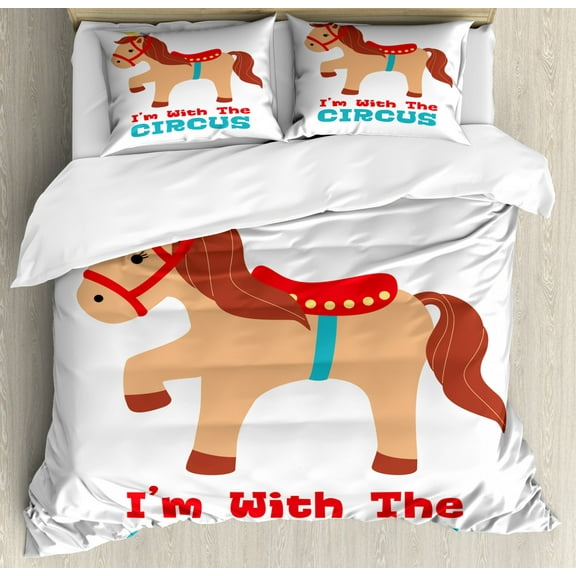 Pony Duvet Cover Set Queen Size, Funny Side Look Peach Colored Horse and Blue Toned I'm with the Circus Lettering, Decorative 3 Piece Bedding Set with 2 Pillow Shams, White Multicolor, by Ambesonne