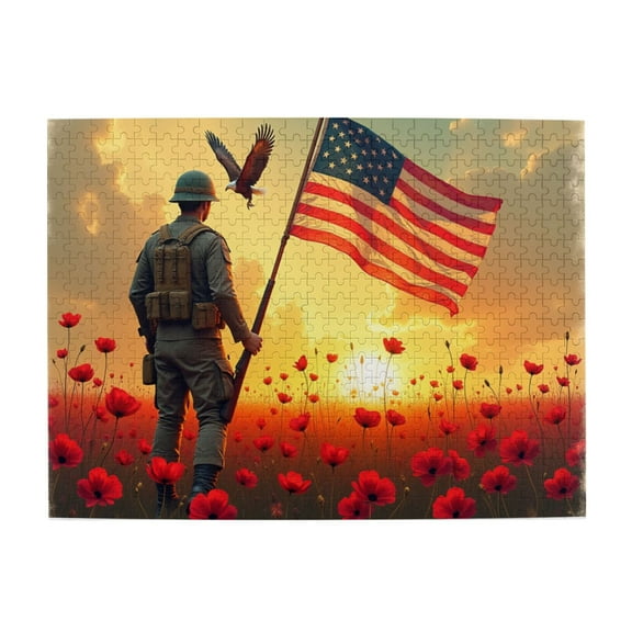 500 Piece Jigsaw Puzzle For Adults – Soldier American Flag Poppies Sunset – Challenging & Fun Patriotic Puzzle Great Gift & Home Décor 20.5X15In