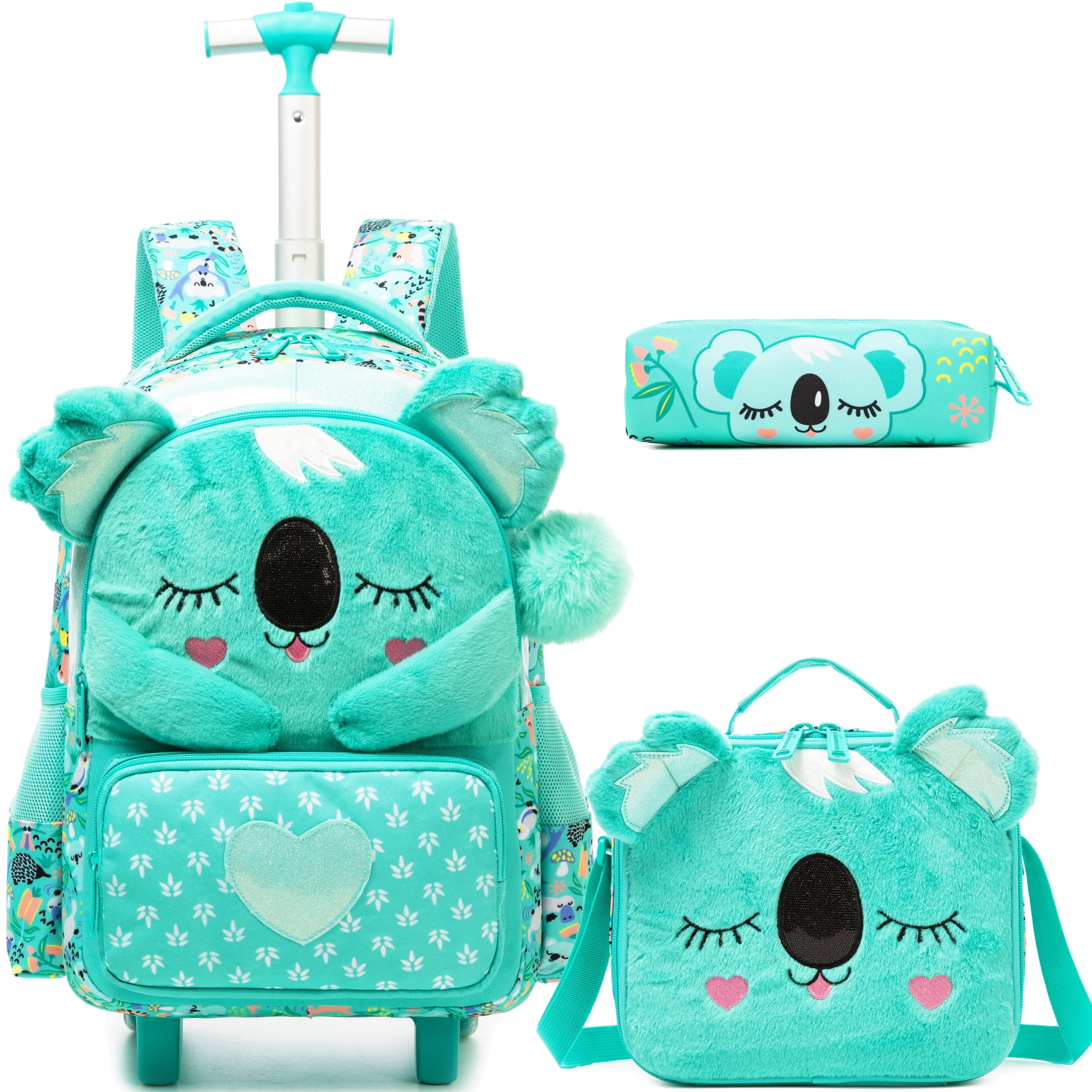 Rolling Backpacks for Girls Roller Kids Backpack with Lunch Box Pencil Case School Bag for Elementary Students Bookbag Ages 6-12