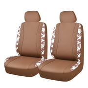 Auto Drive Universal Fit Brown White Cow Faux Leather Car Seat and Headrest Cover, Set of 2