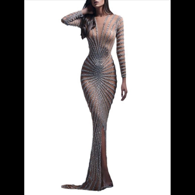 Vestido Elegante de Mujer con Abertura y Larga Transparente de de Diamante, Vestido de Noche para Cumpleaños. Plata XXL