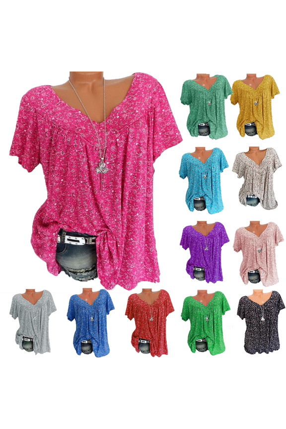 Women's Plus Size Floral Printed Short Sleeve V-Neck T-Shirt Pleated Casual Flowy Tunic Blouse Tops