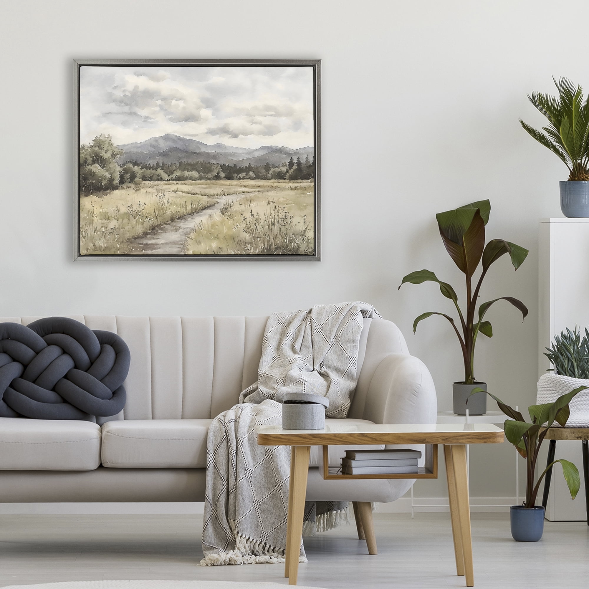 Stupell Industries Muted Pathway to Mountains Gray Framed Floater Canvas Wall Art, design by Riley B