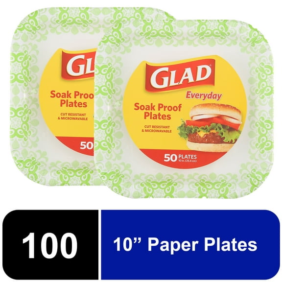 Glad Everyday 10" Square Paper Plates Green Victorian, 2 pack (100 plates total)