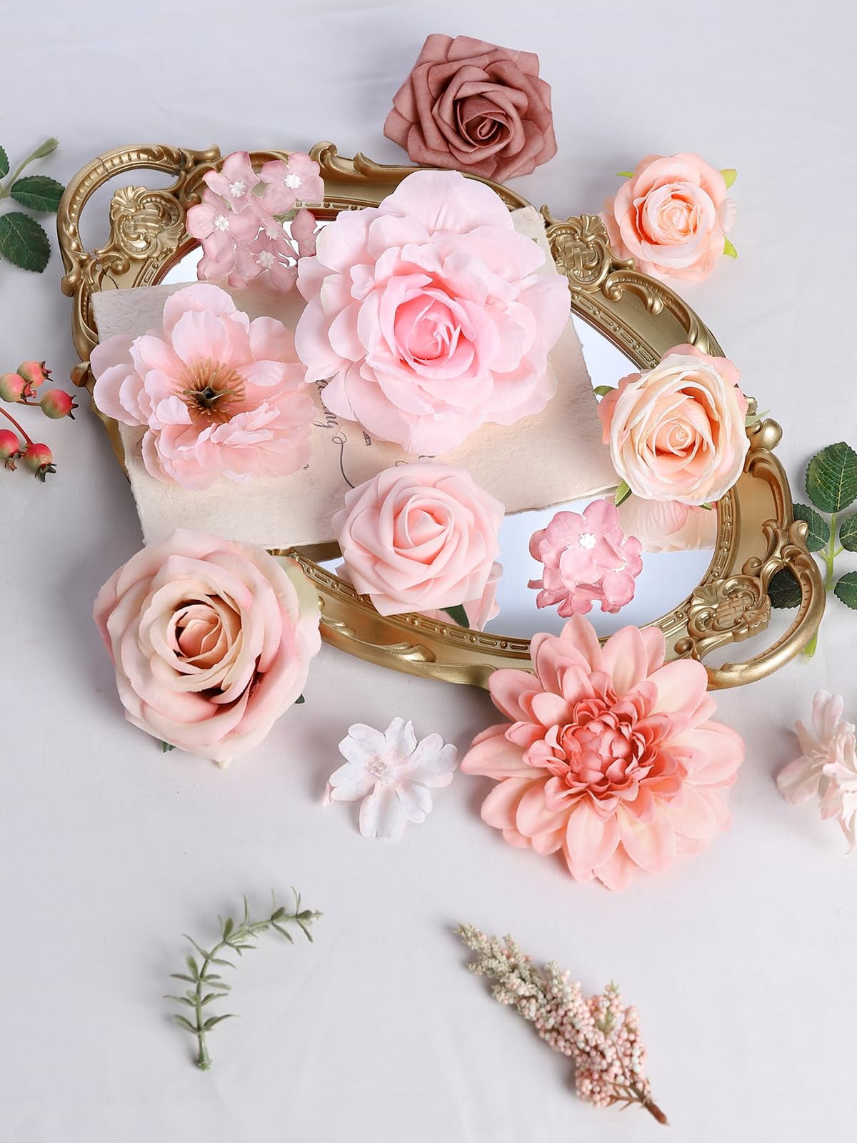Artificial Flowers Combo Set Fake Flower Leaf Box with Stems for DIY Wedding Bouquets Centerpieces Flower Arrangements Decorations Baby Shower Party Home Decorations Champagne Purple