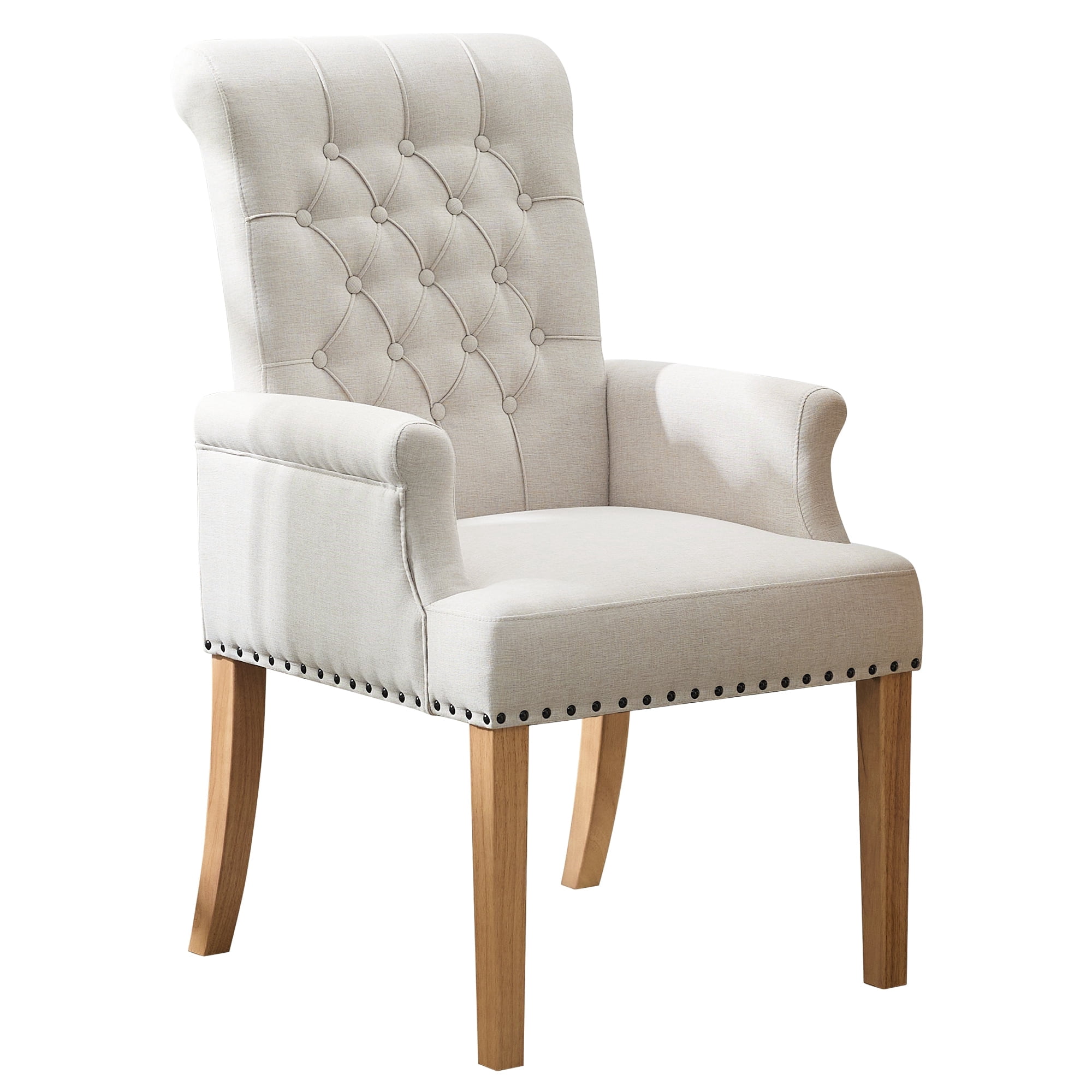 Fabric Upholstered Dining Chair with Arms, Tufted High Back Accent Coffee Armchair for Kitchen Dining Room Living Room, Beige