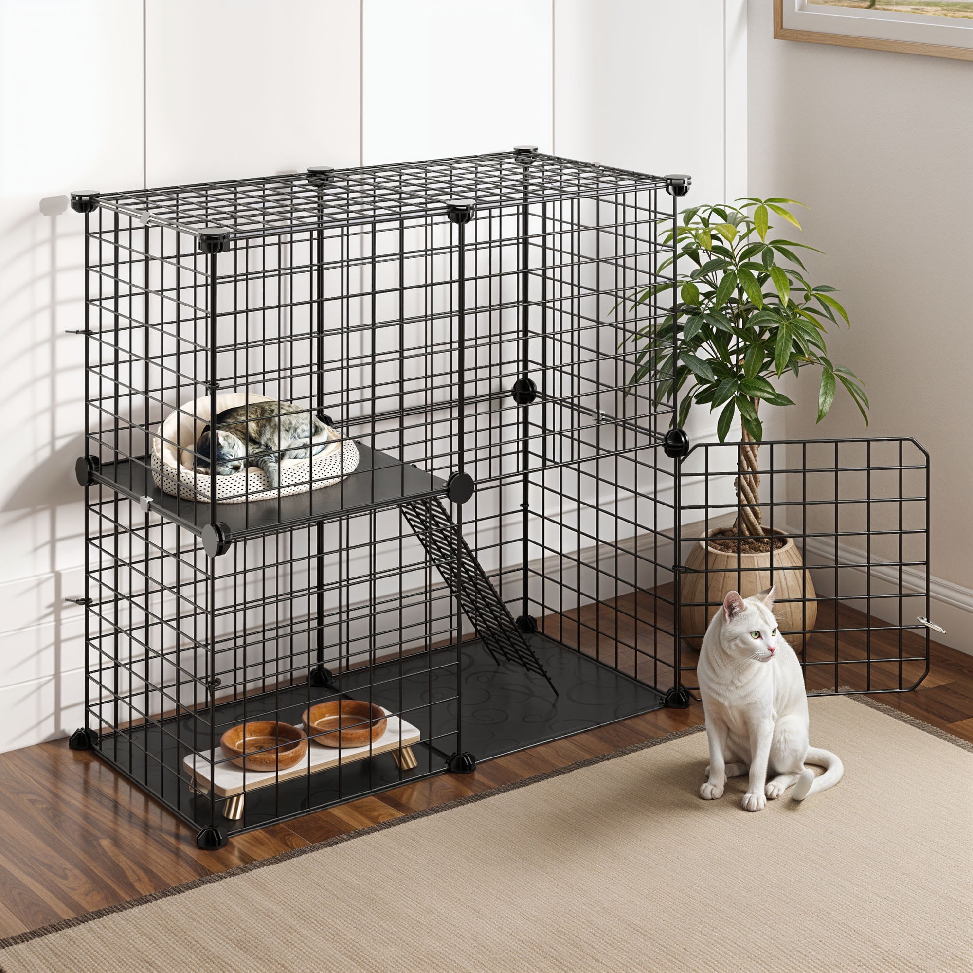 Uforic 2-Tier 28" Cat Cage & Playpen – Metal Indoor Enclosure for 1-2 Cats and Kittens – for Travel and Camping, Black