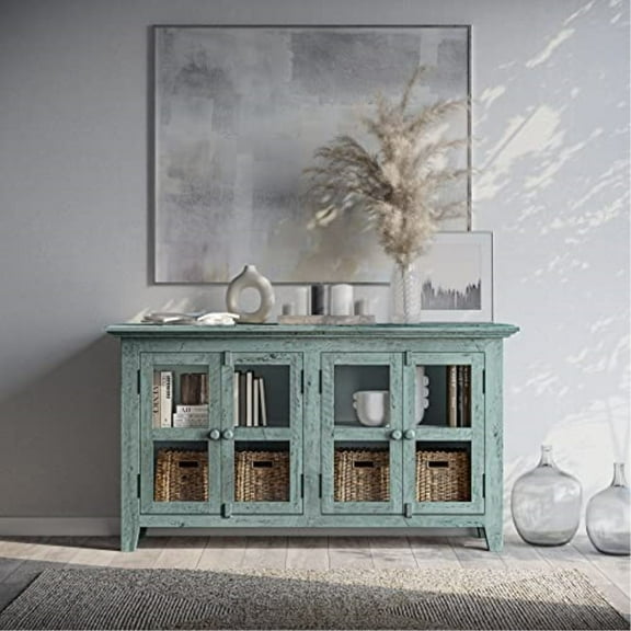 Jofran Rustic Shores 54" Coastal Distressed Acacia Four-Door Credenza Sideboard Cabinet