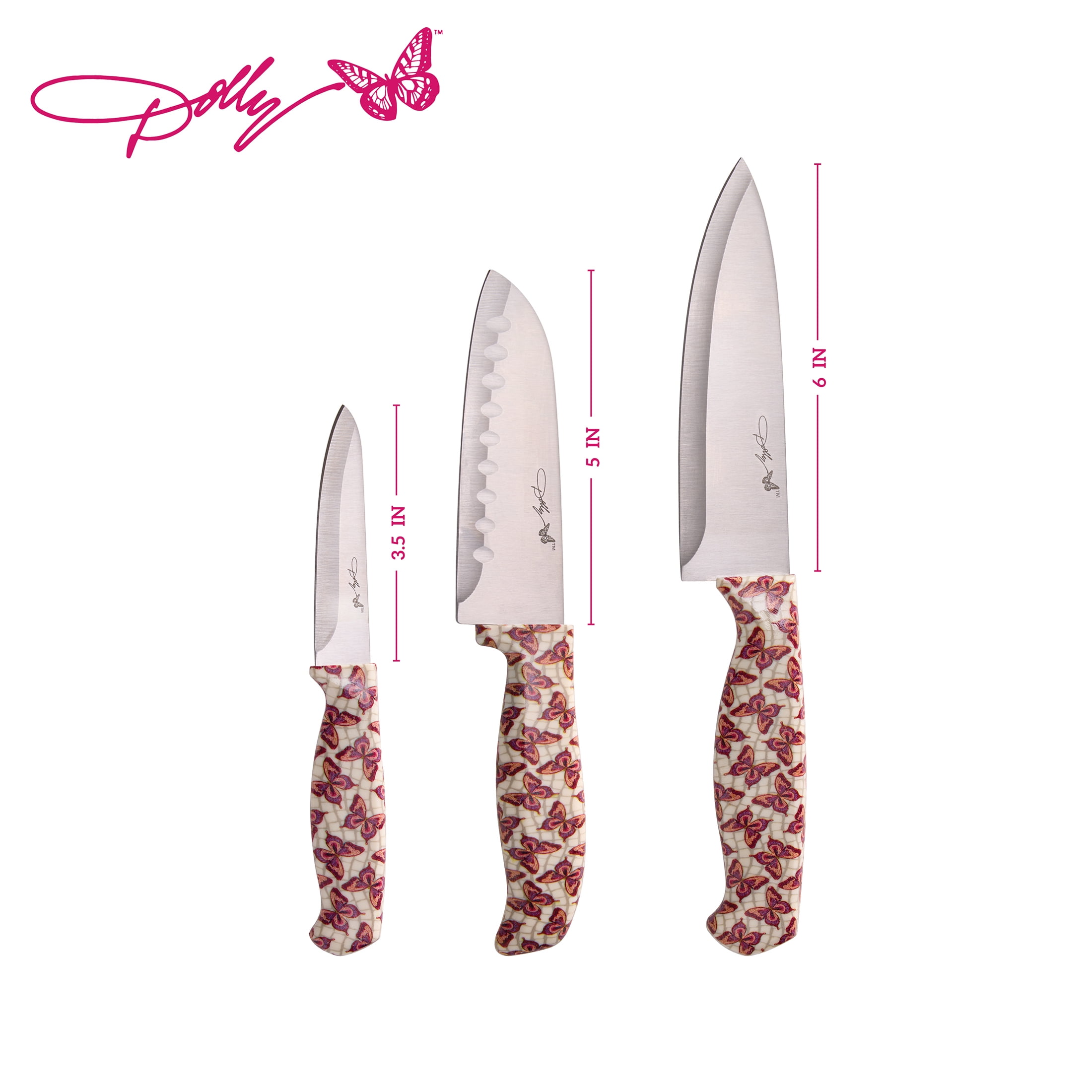 Dolly Parton 3-Piece Chef Knife Set with Butterfly Pattern Handles for Kitchen Prep
