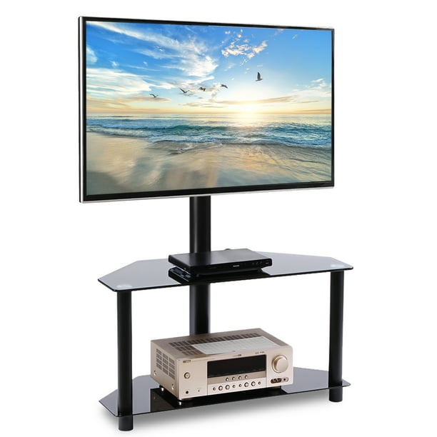 Rfiver Black Floor Tv Stand With 3 Shelf For 32 65 Tvs With Swivel Mount Height Adjustable 3 In 1 Flat Panel Or Curved Glass Entertainment Stand Walmart Com Walmart Com