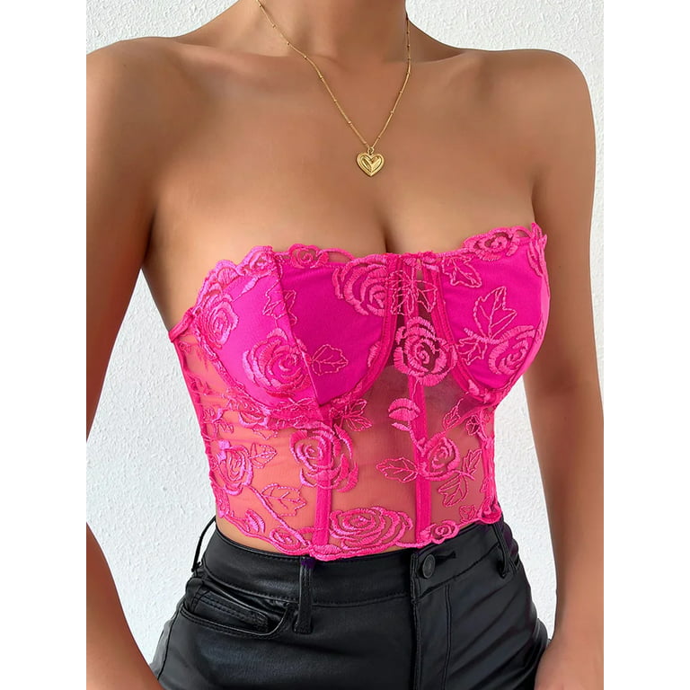 Women's Sexy Lace Mesh Bustier Tube Tops Embroidery Floral