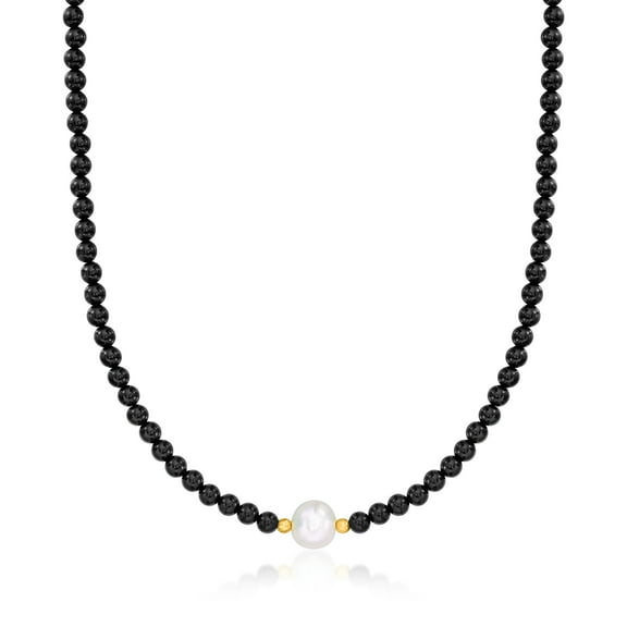 Ross-Simons 8.5-9mm Cultured Pearl and 4-4.5mm Onyx Bead Necklace With 18kt Gold Over Sterling, Women's, Adult