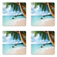 thumbnail image 1 of Beach Coaster Set of 4, Green Palm Trees Clear Blue Water Sandy Exotic Seashore Rocks and Hills in Distance, Square Hardboard Gloss Coasters, Standard Size, Multicolor, by Ambesonne, 1 of 2