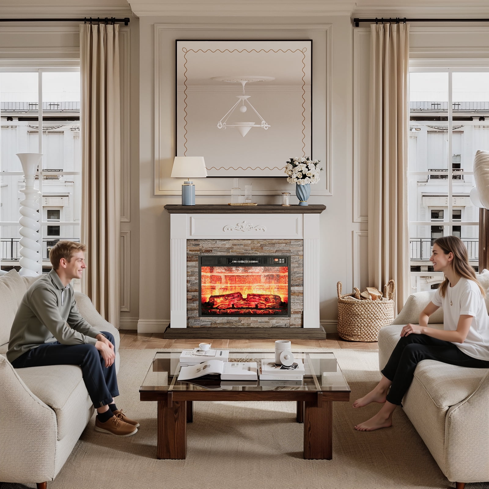 44"L Fireplace Mantel with 23" Electric Fireplace, Wooden Free Standing Fireplace, with Remote Control, Adjustable LED Flame