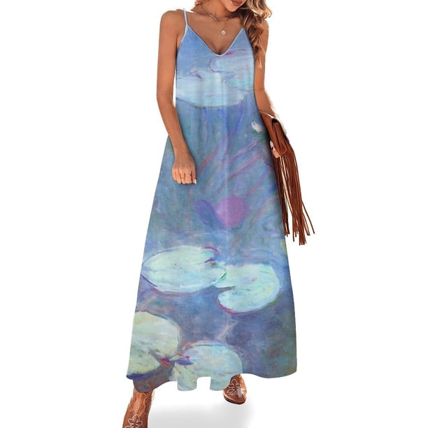 Vestido sin mangas con estampado de nenúfares y estanque pastel de Monet para mujer, verano 2024, vestidos de baile
