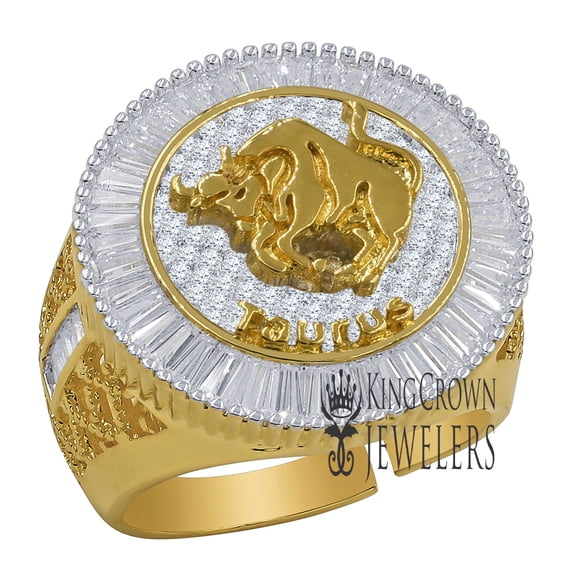 Mens 14K Yellow Gold Finish Baguette/Round Cut Simulated Diamond Zodiac Sign Taurus Bull Astrology Ring Band