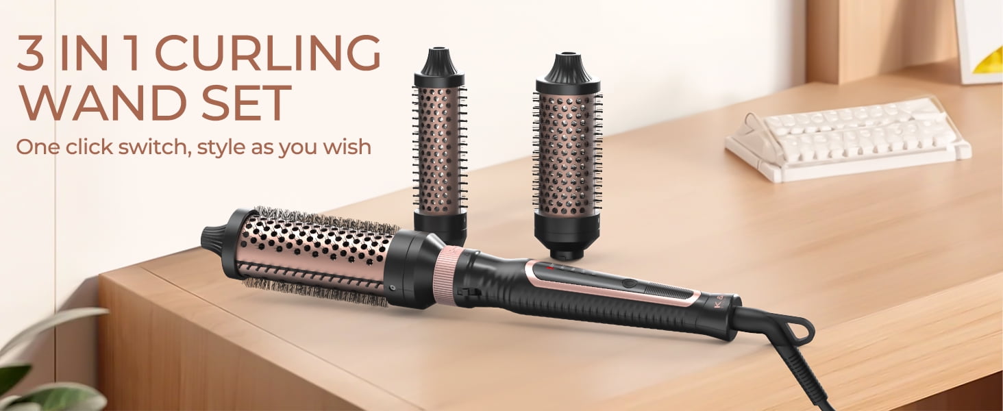 Thermal Brush 3 in 1 Set Ionic Heated Round Curling Create Volume & Smoother Hair Style for Fully Dried Hair Ceramic Fast Heating Curling Iron Brush with Temperature Lock & Auto-Power Off
