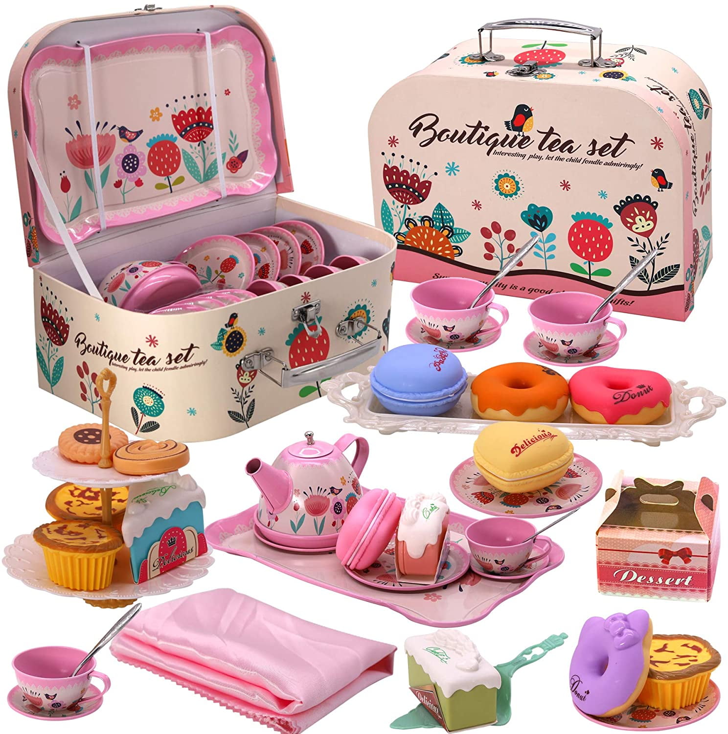 14 Pc Kids Tea Set With Carry Case Childrens Toy Picnic Kitchen Set Storage Box 