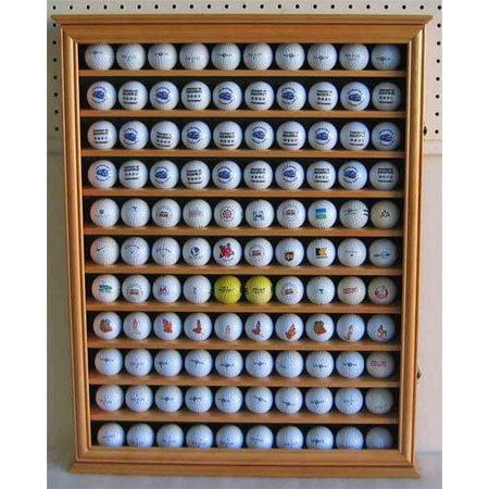 - 110 Golf Ball Display Case Wall Cabinet Holder, UV Protection door, Solid Wood (Oak Finish)