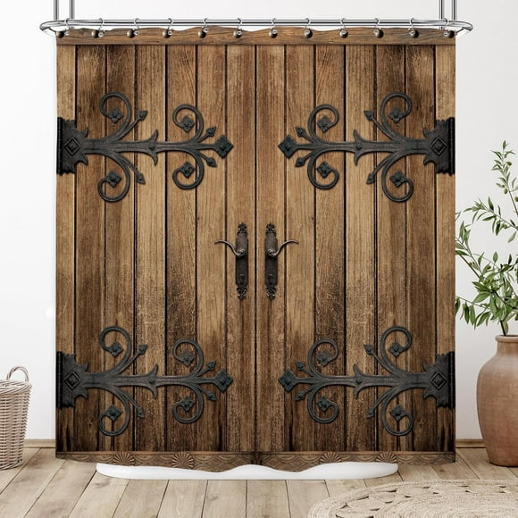Rustic Barn Door Shower Curtain 72Wx72H Inch Vintage Farmhouse Western lic Wooden Plank Cabin Barnwood Retro Country Bathroom Decor Fabric Polyester Waterproof 12 Pack Hooks