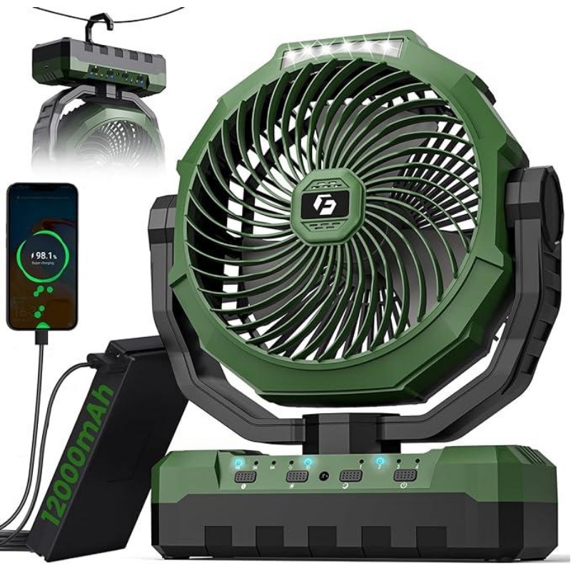 3-in-1 Camping Fan - Portable Fan Rechargeable - 24000mAh/12000mAh 9-Inch Battery Powered Fan(140Hrs/70Hrs) - USB Fan with Light & Remote for Indoor, Outdoor, Tent, Travel, BBQ, Fishing, Jobsite