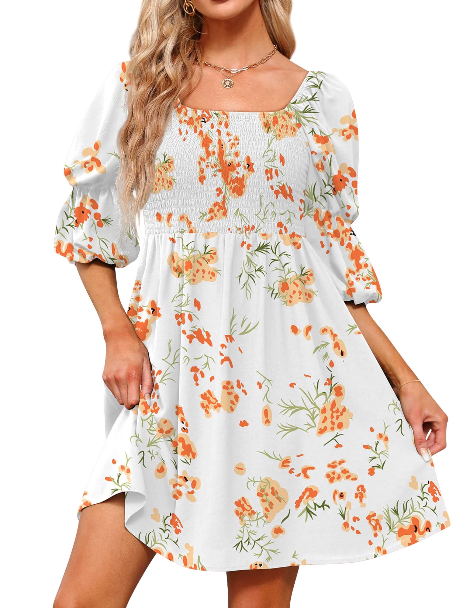 Floral Square Neck Smocked Mini Dress