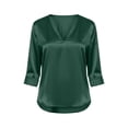 thumbnail image 4 of Silky Satin V Neck Blouse for Women Roll Cuffed 3/4 Sleeve Loose Tunic Shirts Business Casual Tops Lightweight Summer Trendy Outfits Green, 4 of 6