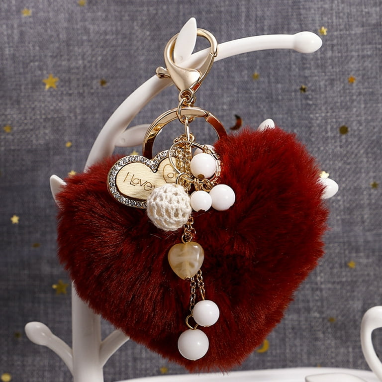 Women's Heart Puffball Keychain Faux Fur Pom Pom Keyholder Bag