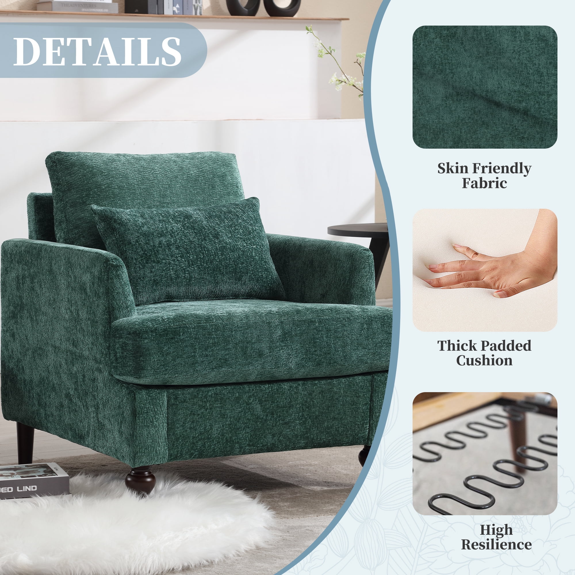 MOONMISS Chenille Upholstered Mid Century Modern Wood Frame Armchair-EMERALD
