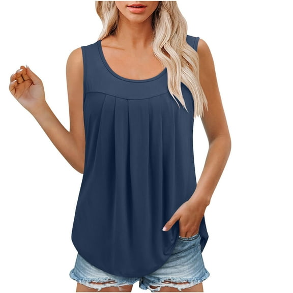 Tunic Tops for Women Loose Fit Casual Vintage Solid Color Pleated Sleeveless Crew Neck Tank Shirts