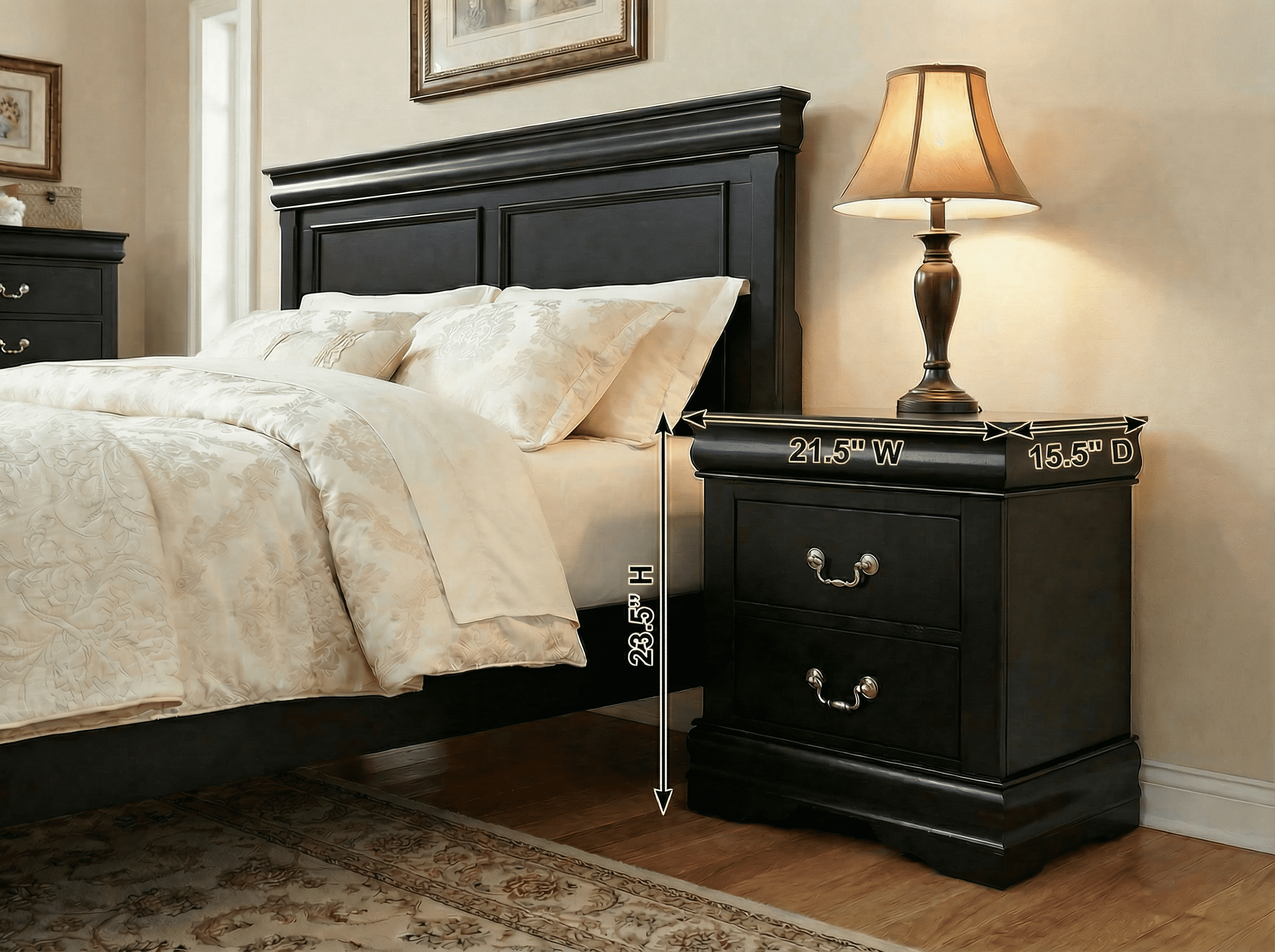 Traditional Solid Wood Nightstand with 2 Drawers in Black / Dark Cherry / White