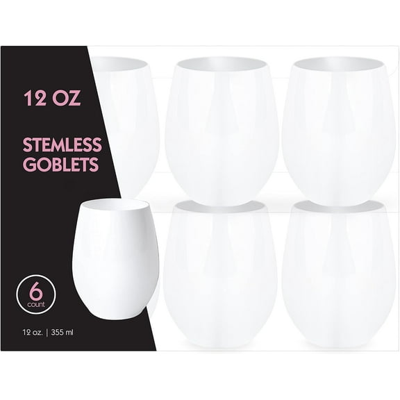 PLASTICPRO 12 Oz Disposable Stemless Wine Glasses White Plastic Cups for Party, 12-Pack