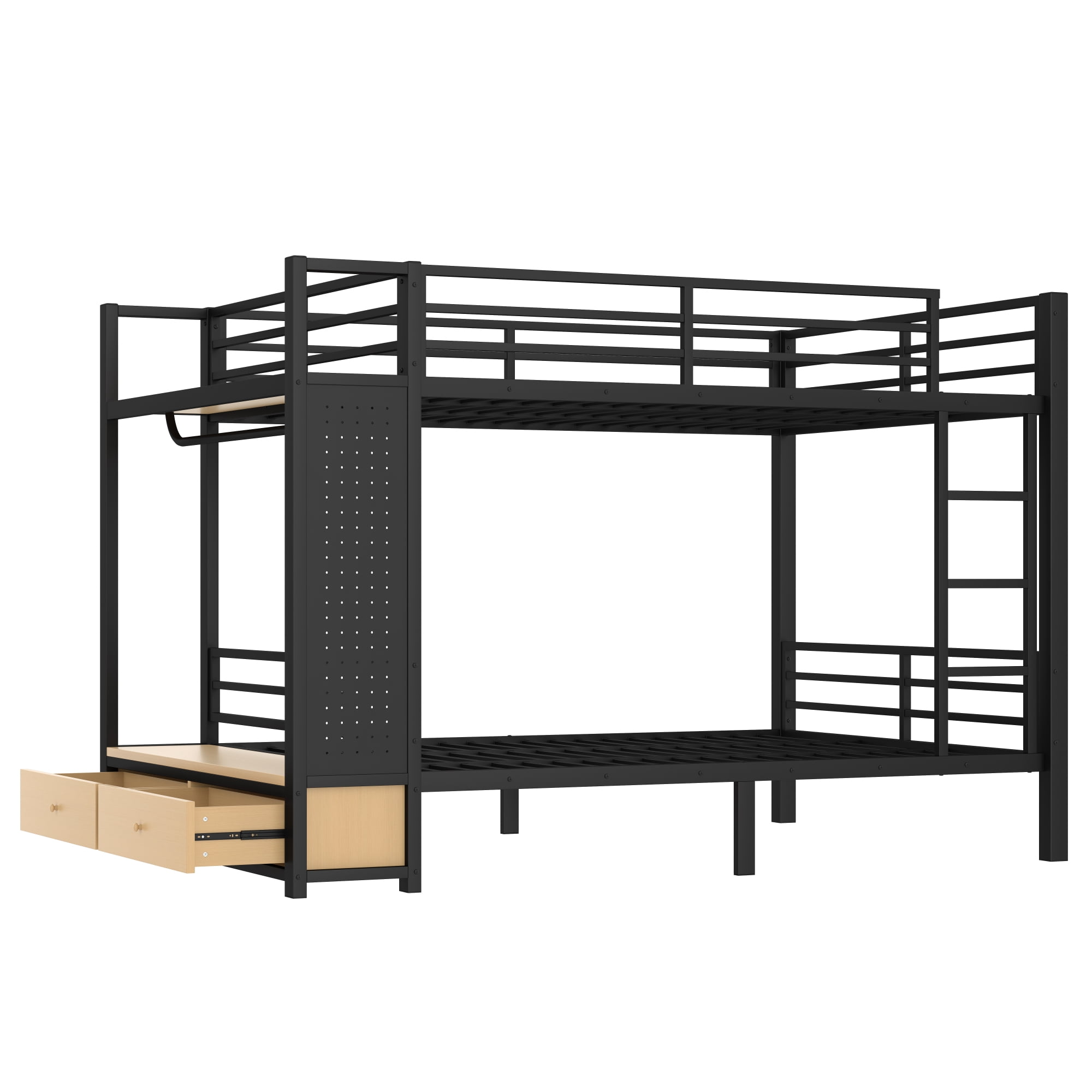 Leumius Queen over Queen Metal Bunk Bed with Built-in Wardrobe,Heavy Duty Loft Bed Frame with Storage Shelves,Drawers and Pegboard,Space-Saving,Black