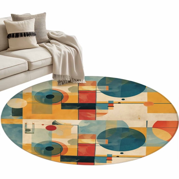 Blue Yellow Geometric Round Area Rug 3 FT, Small Kitchen Bathroom Mat, Vintage Oil Painting Abstract Art Washable Indoor Outdoor Throw Runner Carpet Doormat for Table Shower Sofa Entryway