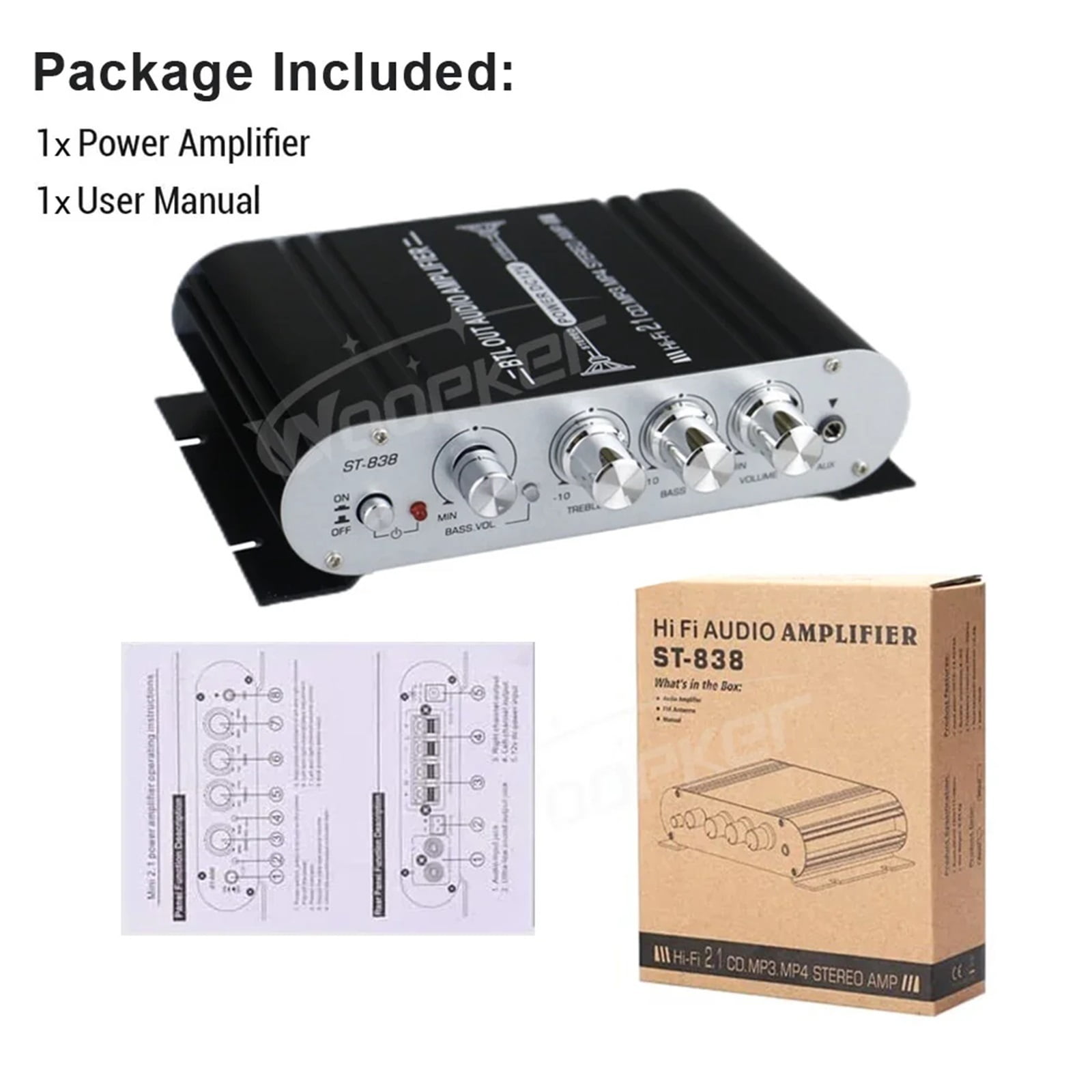 Amplifier ST-838 2.1 Channel Subwoofer Stereo Bass Amp RMS 20Wx2+40W Class D Mini Amplifiers Media Player ,High Sound