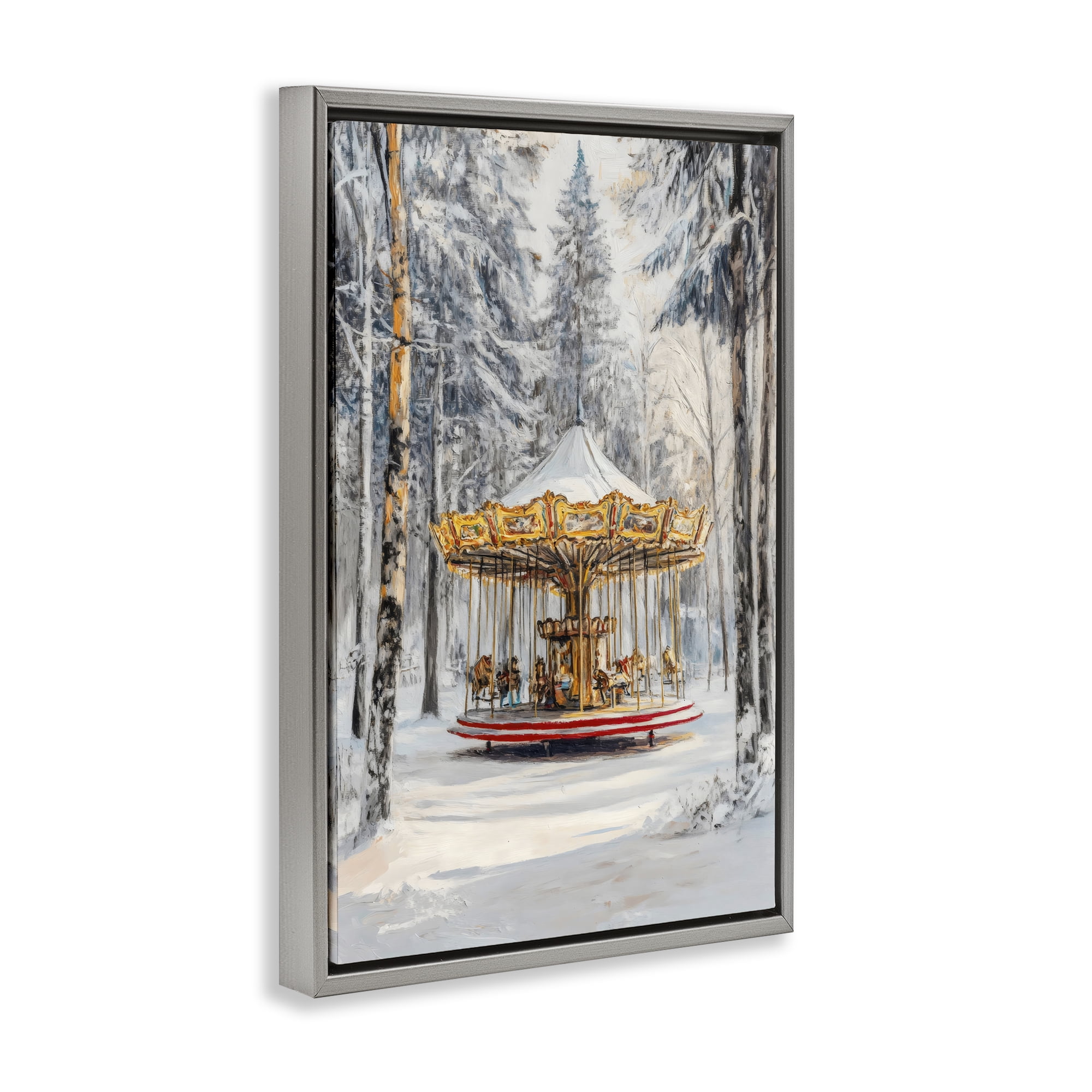Winter Wonderland Carousel Gray Framed Floater Canvas Wall Art, design by Petal Prints Design