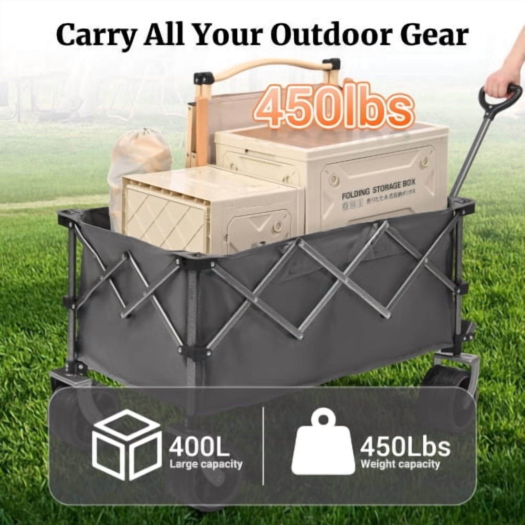 YINYUN 400L Collapsible Wagon, Folding Wagon Cart , Beach Wagon with Big Wheels, Heavy Duty Foldable Wagon, Large Capacity Wagon for Camping,Garden (Gray)