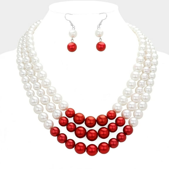 Pierced silver, white and red multi strand pearl necklace and earring set