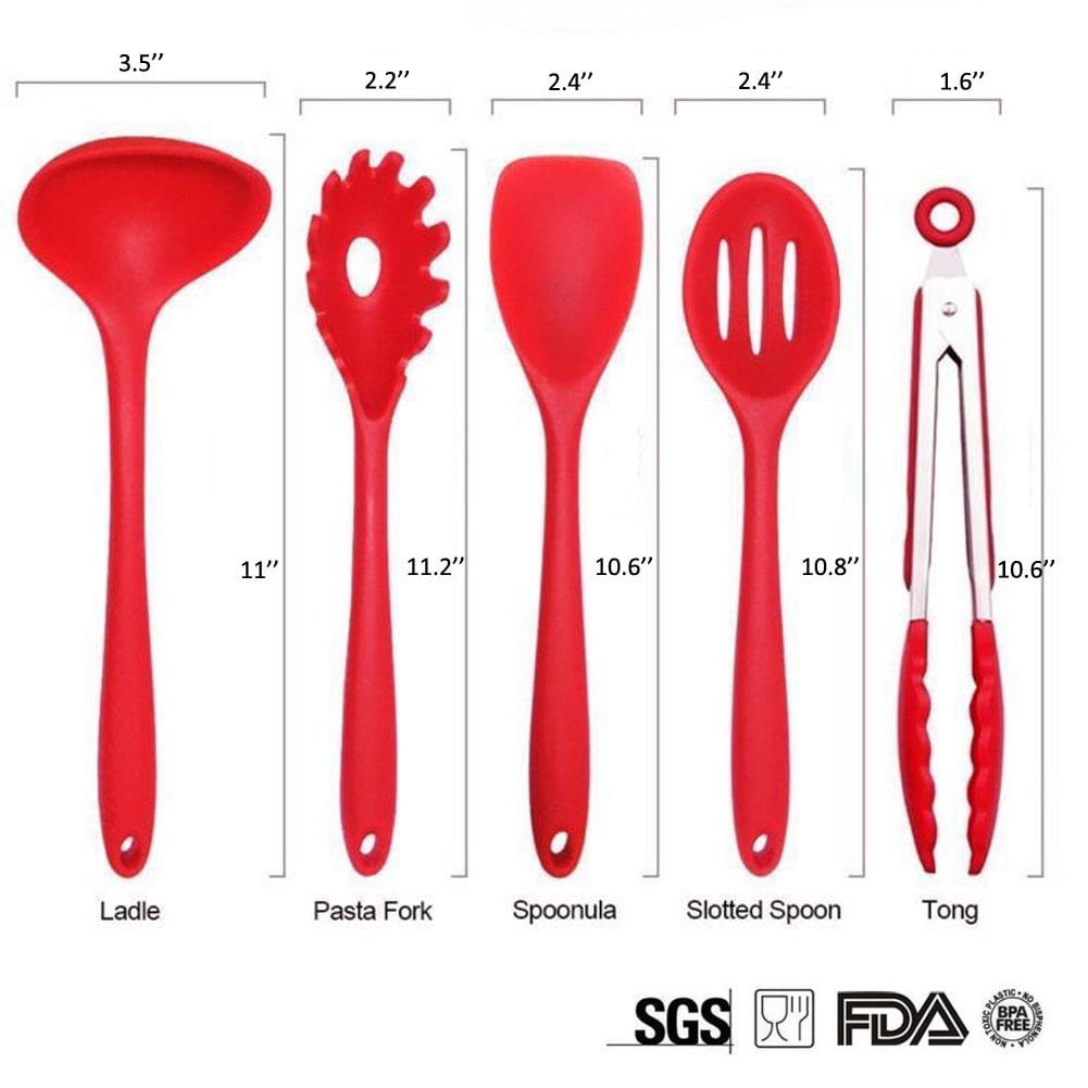 G-WELL 10-Pieces Silicone Kitchen Cooking Utensils Set (Red)