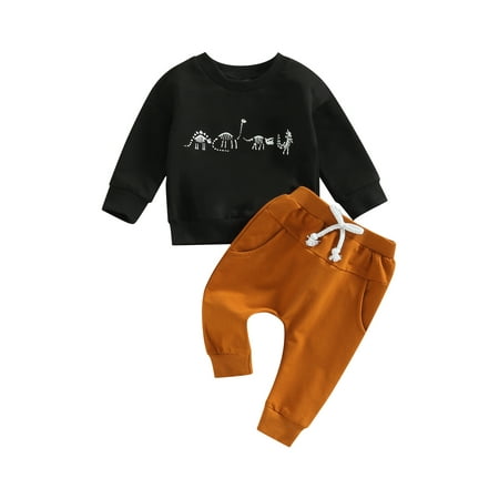 

wybzd Baby Boy Clothes Outfits 2pcs Letter Print Crewneck Sweatshirt Pants Sweatsuit Little Boy Clothing Black Dinosaur 6-12 Months